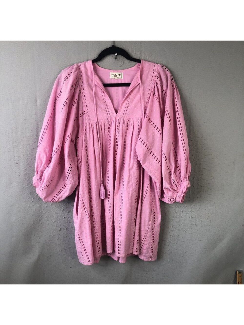 Mille Dress Womens 2XS Pink Cotton Eyelet Kaftan Balloon Sleeve Tassel Boho